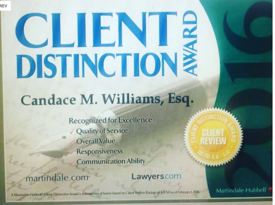 Client Distinction Award 2016 | Candace M. William, Esq. | Client Review Rated 4.0-5.0 | Martindale.com | Lawyers.com